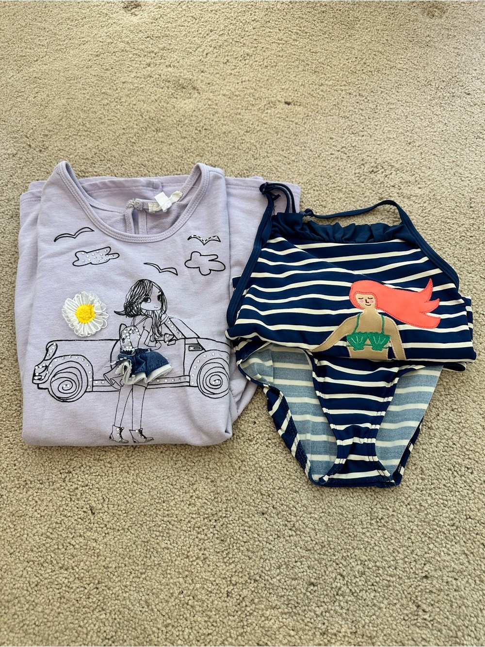 Boden Lavender Graphic Top and Navy Striped Mermaid One-Piece